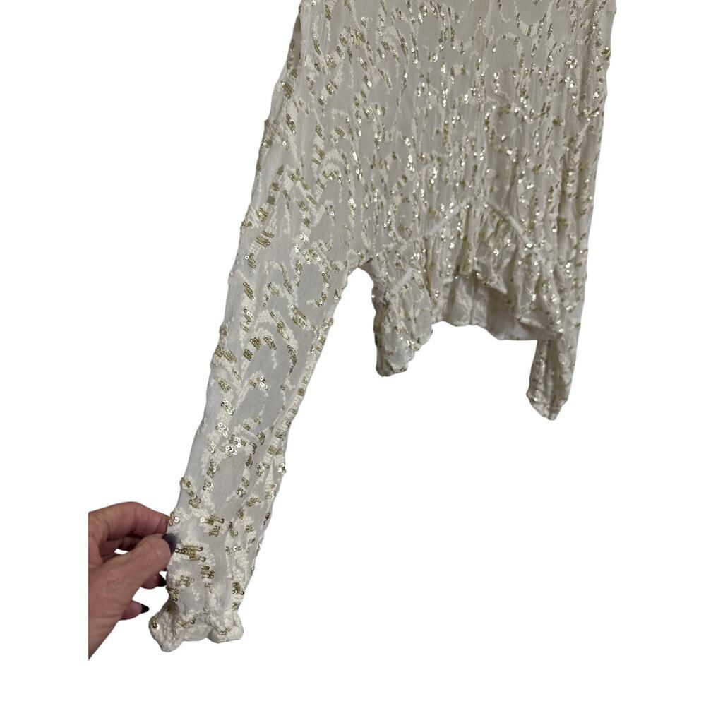 Free People Smile Away Sheer Top Ivory/Gold/Sequins Ruffle Trim Embroidery Small - Picture 5 of 11